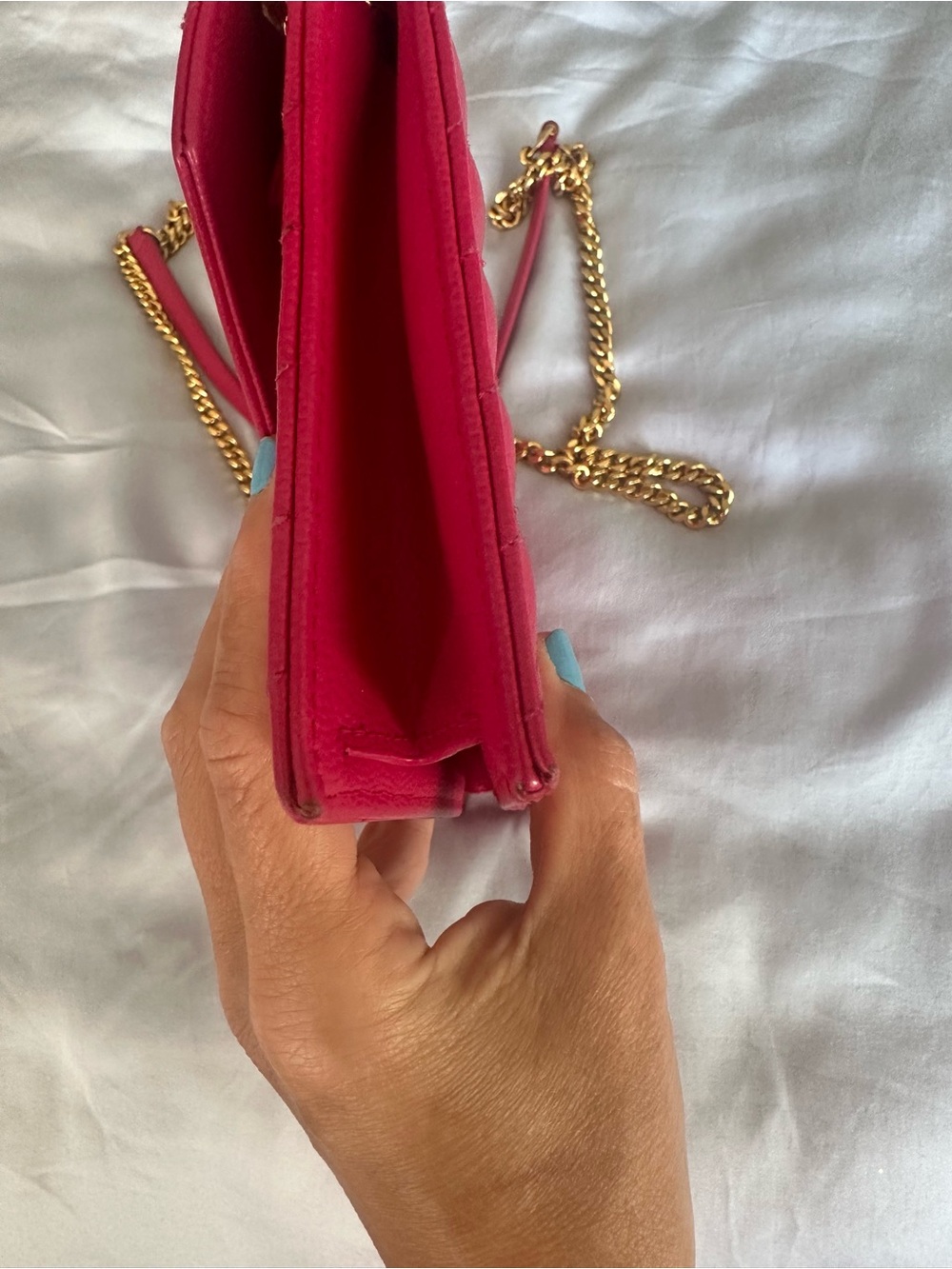 YSL CASSANDRE ENVELOPE CHAIN WALLET IN LAMBSKIN-Hot Pink - Picture 9 of 13
